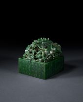 AN INSCRIBED CHINESE SPINACH JADE SEAL, 19TH CENTURY