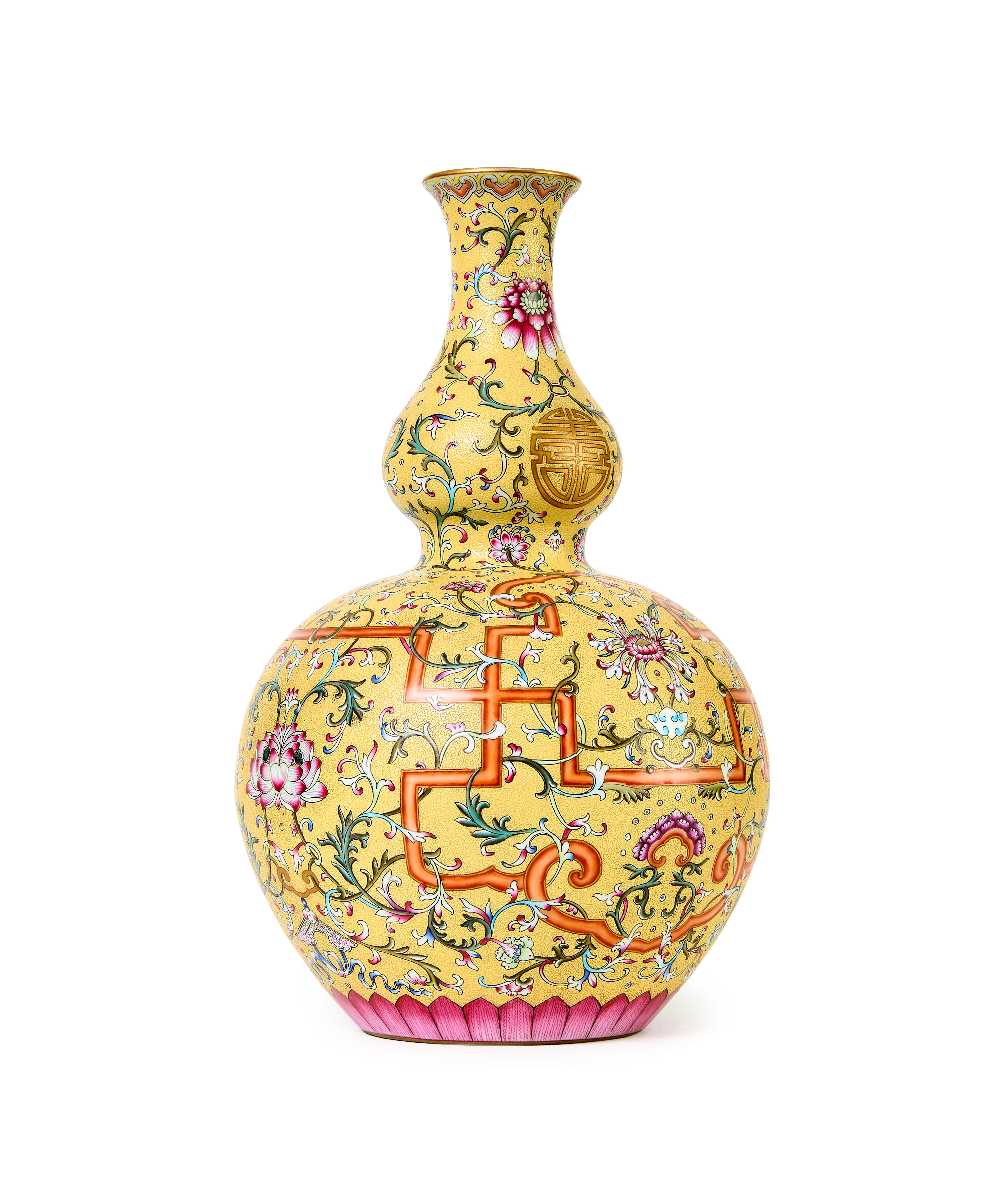 A CHINESE YELLOW GROUND DOUBLE GOURD VASE