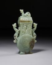 A MING STYLE CELADON JADE MYTHICAL BEAST VASE, QING DYNASTY (1644-1911)
