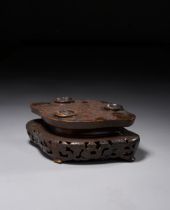 A CHINESE SILVER INLAID WOODEN STAND, 19TH CENTURY