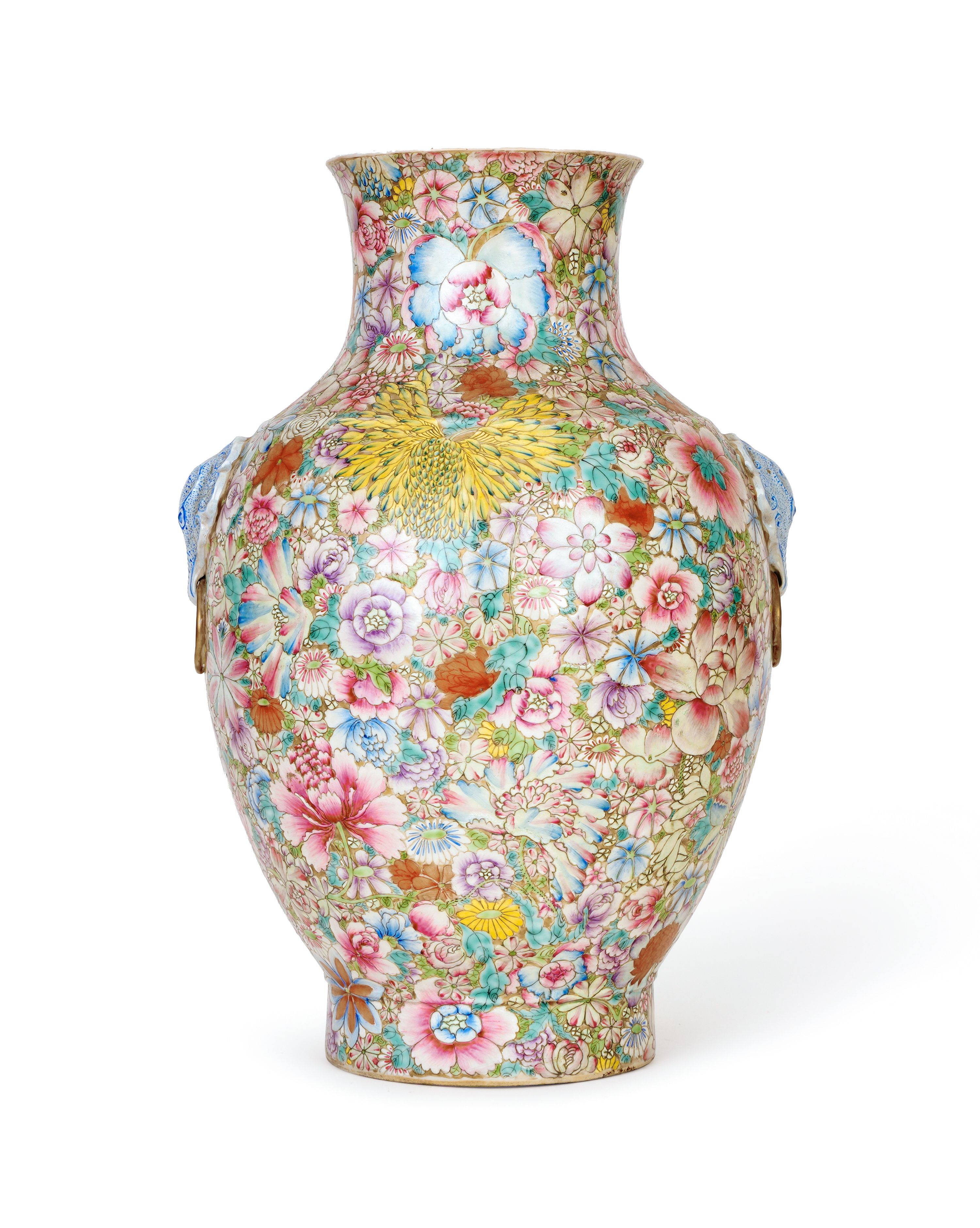 A CHINESE FAMILLE ROSE MILLEFLEUR HU VASE, QIANLONG MARK, QING DYNASTY (1644-1911)