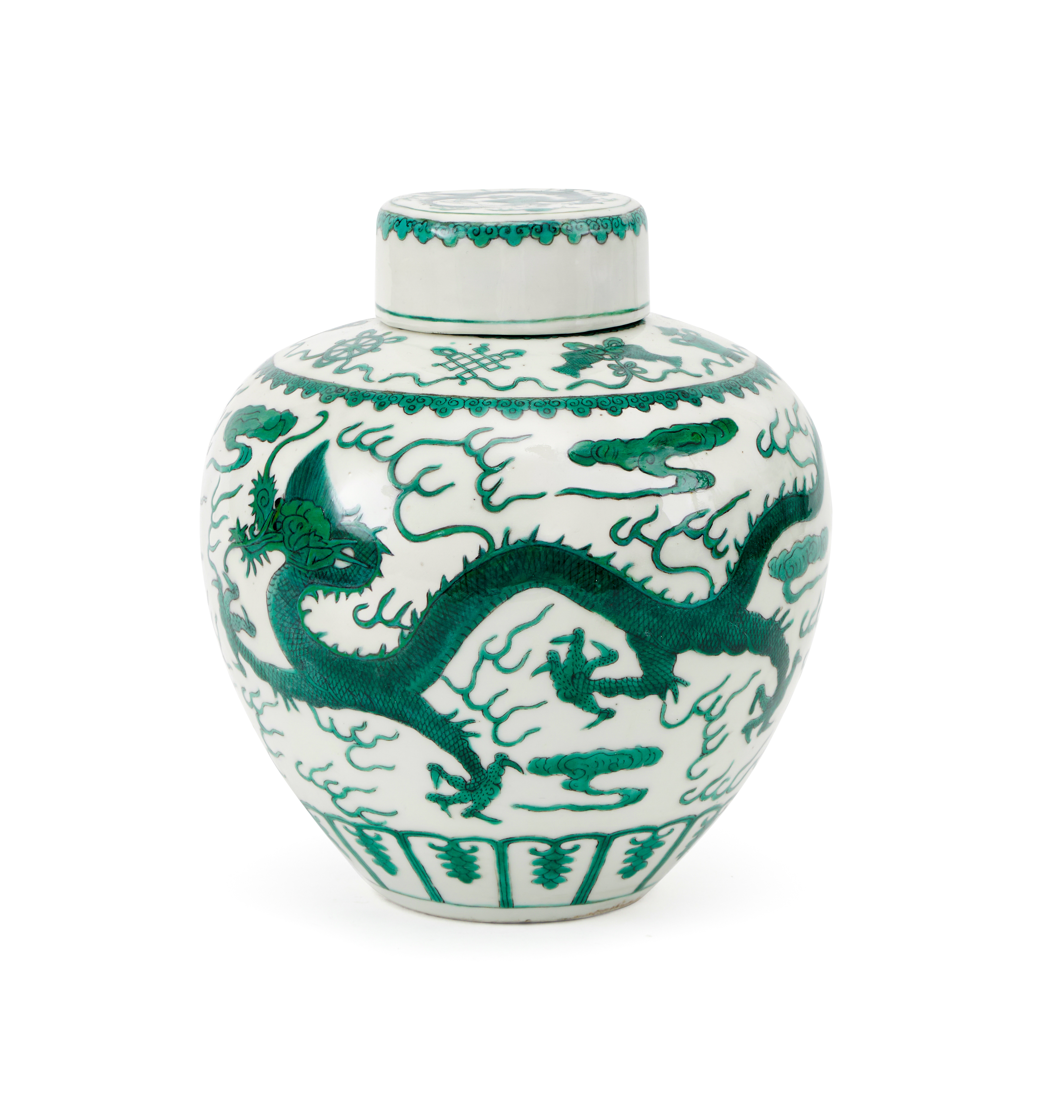 A FINE GREEN-ENAMELED 'DRAGON' JAR AND COVER