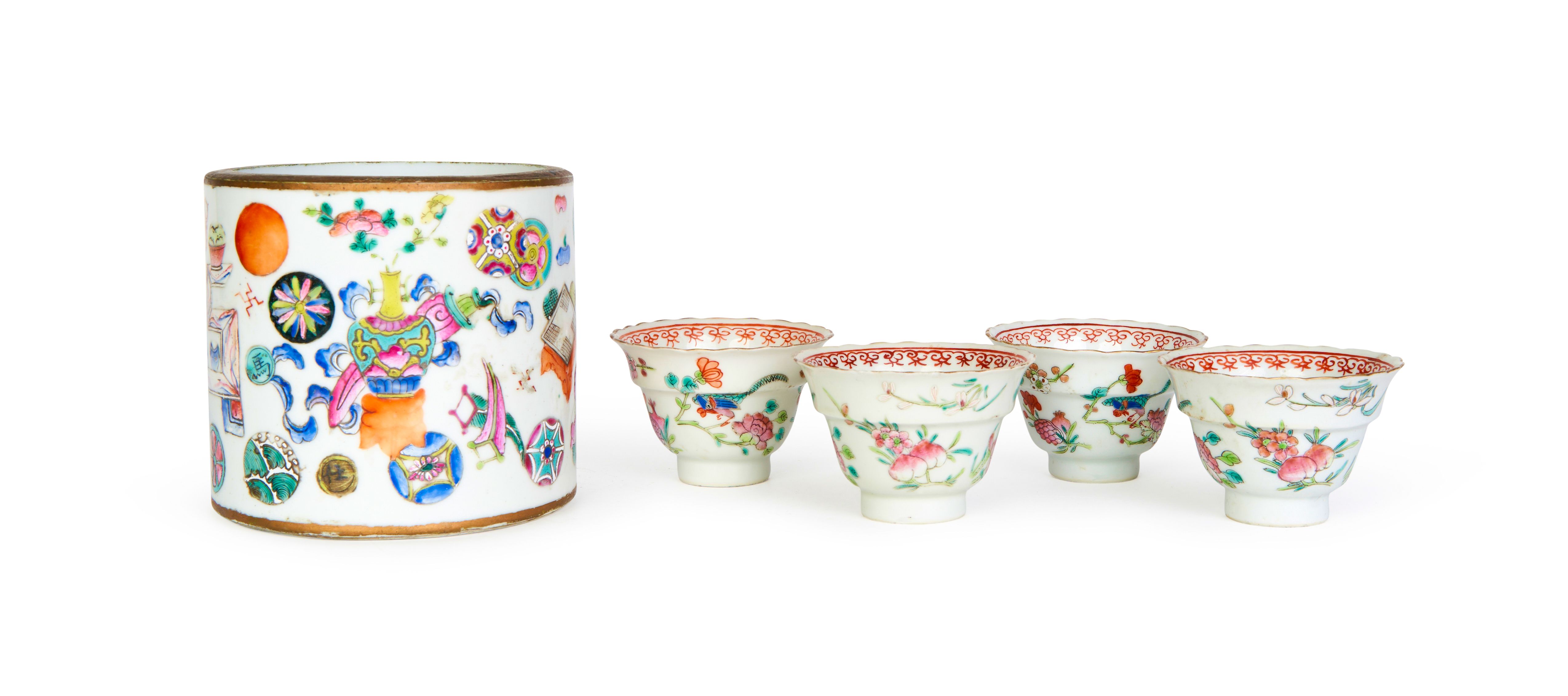 A CHINESE FAMILLE ROSE BITONG, BRUSHPOT, FOUR CHINESE FAMILLE ROSE CUPS MARKS & PERIOD OF TONGZHI (1