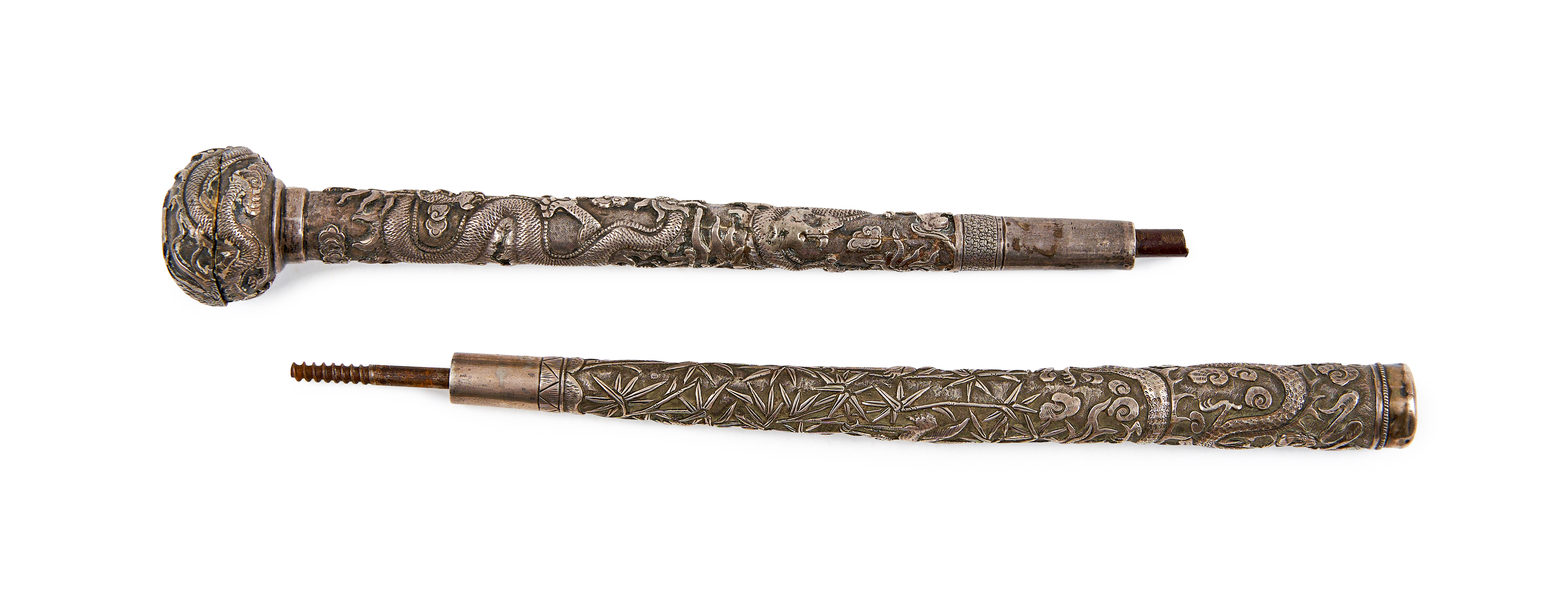 TWO CHINESE EXPORT SILVER OBJECTS, PROBABLY A CANE - Image 2 of 6