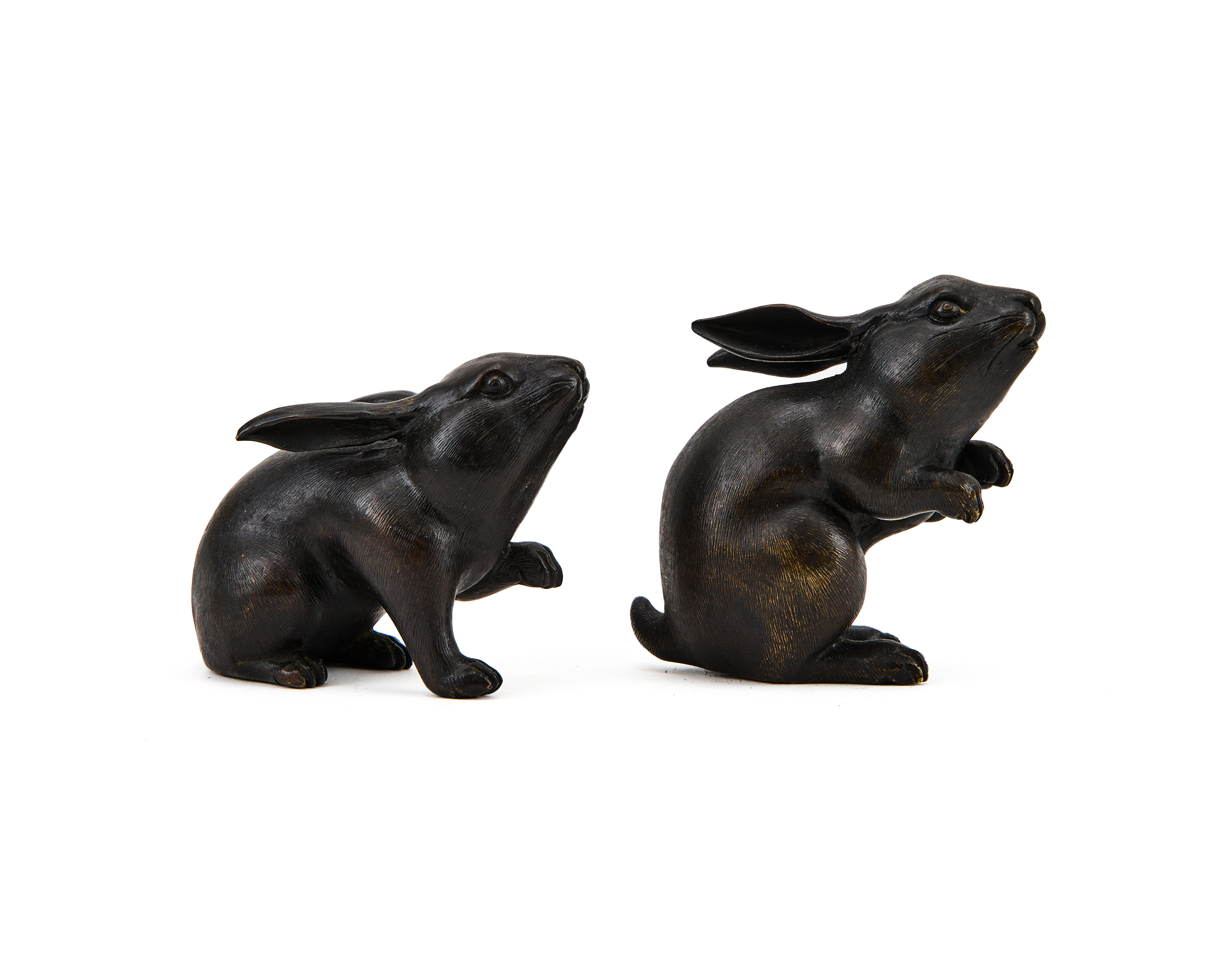 TWO JAPANESE BRONZE HARES, MEIJI PERIOD (1868-1912)