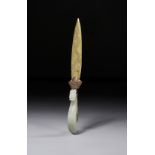 A CHINESE JADE MOUNTED WHITE METAL LETTER OPENER, QING DYNASTY (1644-1911)