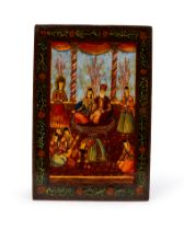 A QAJAR LACQUERED MIRROR CASE DECORATED WITH SCENES FROM JAMI'S YUSUF VA ZULAYKHA AND MUHAMMAD SHAH