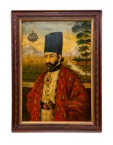 AN OIL ON CANVAS PORTRAIT OF PRINCE ETEMAD AL SALTANEH, SIGNED BY ABULHASAN GAFFARRI KASHANI DATED 1