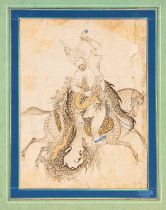 A PRINCE HUNTING A DRAGON, QAJAR, PERSIAN 19TH CENTURY