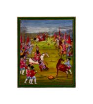 AN EARLY QAJAR HAND PAINTED LACQUER PANEL DEPICTING FATH ALI SHAH IN BATTLE, 19TH CENTURY