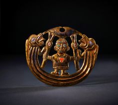 A PRE COLOMBIAN GOLD MOCHE NOSE ORNAMENT DEPICTING SHAMAN, CIRCA 800-1200 A.D