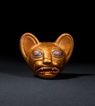 A GOLD MOCHE OF A FELINE HEAD WITH SHELL & STONE INLAY, LOMA NEGRA, VICUS-MOCHE, CIRCA 200-500 A.D.