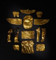 A RARE SET OF FOURTEEN (14) EGYPTIAN GOLD REPOUSSE AMULETS, LATE PERIOD - PTOLEMAIC PERIOD 664-30 B.