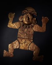 A GOLD & SILVER MOCHE FIGURE OF A STANDING WARRIOR IN PROFILE, LOMA NEGRA, VICUS-MOCHE, CIRCA 200-50