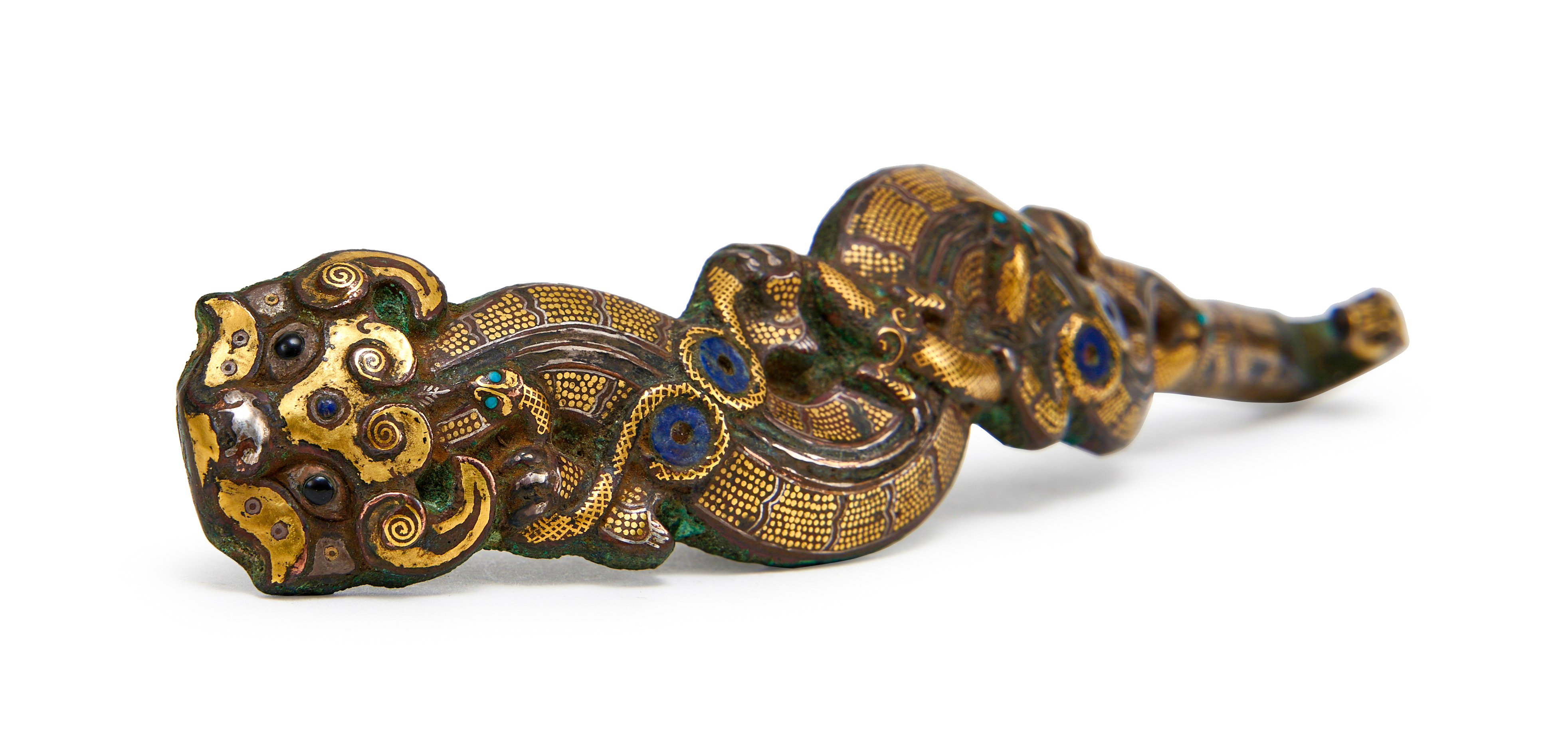 A TURQUOISE AND GOLD-INLAID BRONZE BELT HOOK WARRING STATES PERIOD, 4TH-3RD CENTURY BC - Image 5 of 9