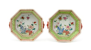 A PAIR OF RETICULATED FAMILLE ROSE CHINESE OCTAGONAL MEAT DISHES, QIANLONG PERIOD (1736-1795)