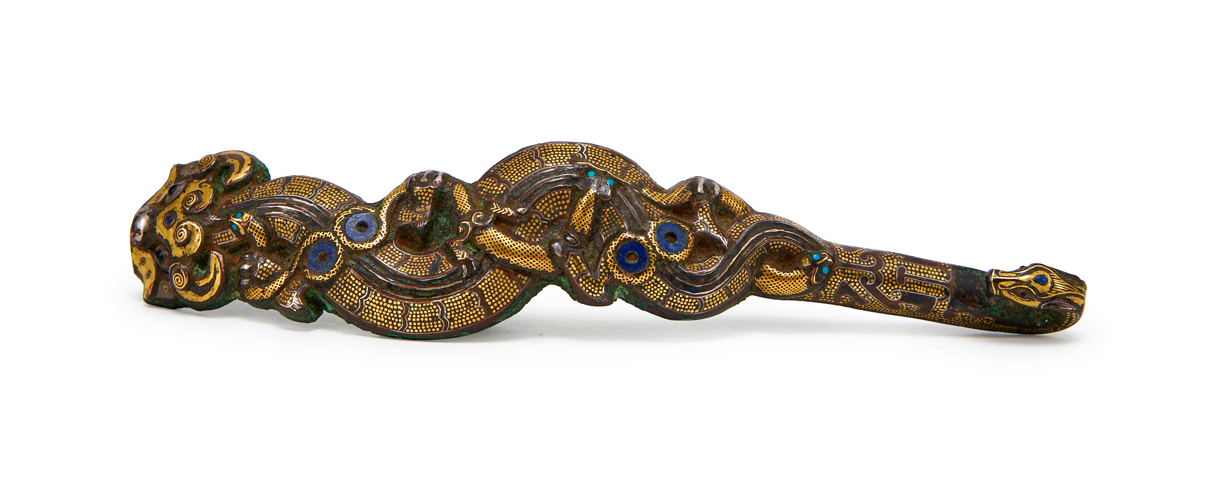 A TURQUOISE AND GOLD-INLAID BRONZE BELT HOOK WARRING STATES PERIOD, 4TH-3RD CENTURY BC - Image 4 of 9