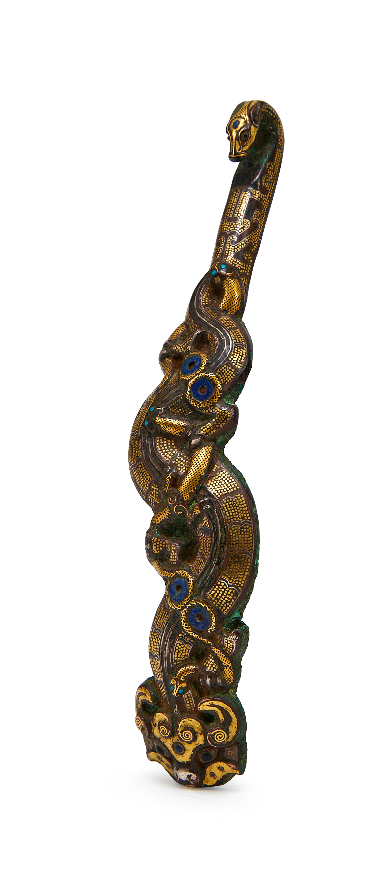 A TURQUOISE AND GOLD-INLAID BRONZE BELT HOOK WARRING STATES PERIOD, 4TH-3RD CENTURY BC - Image 9 of 9