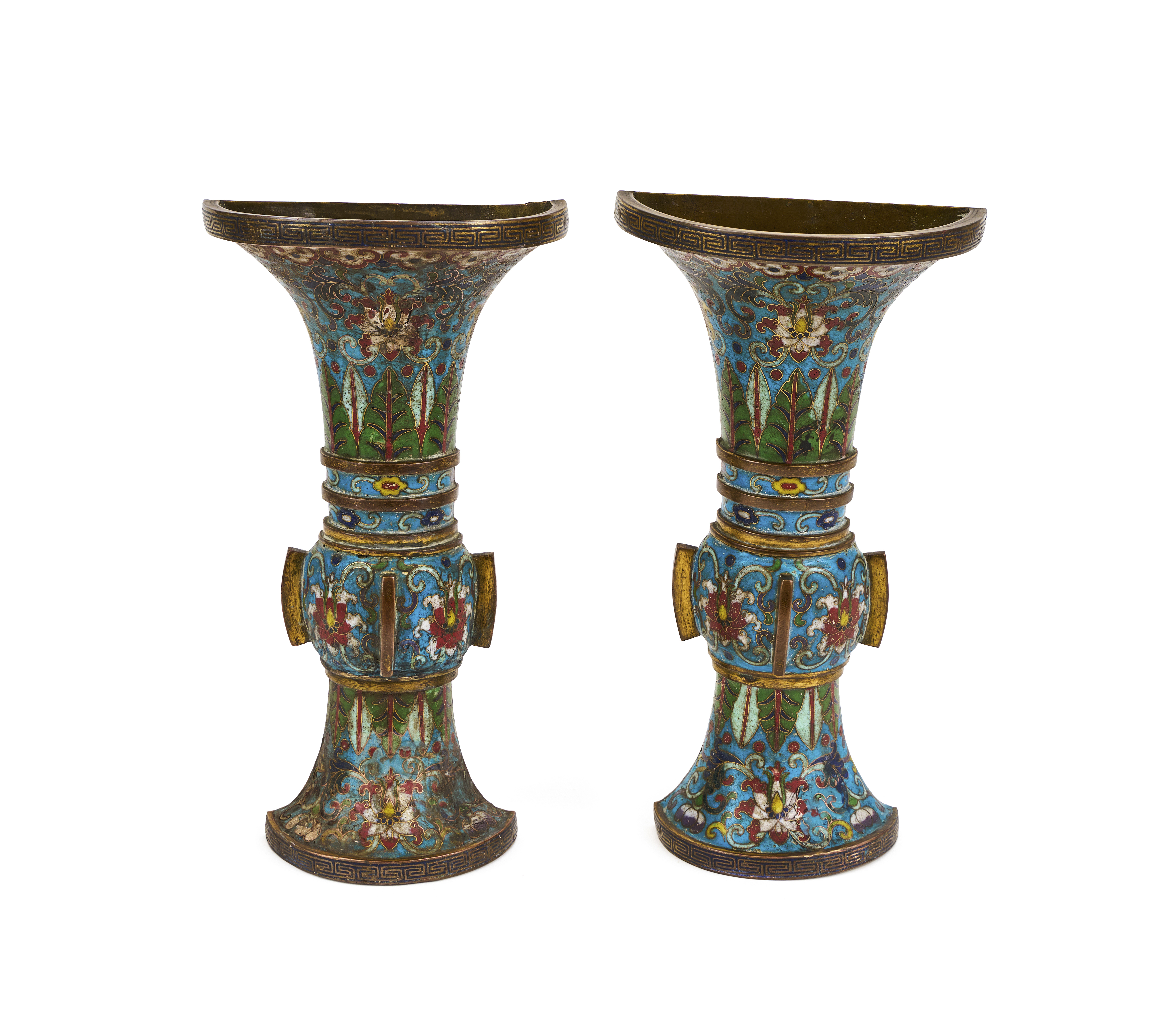 A PAIR OF GU TYPE CLOISONNE ENAMEL WALL VASES, QIANLONG/JIAQING PERIOD (1736-1820)