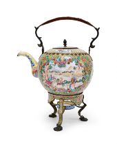 A CHINESE CANTON ENAMEL "EUROPEAN SCENE" KETTLE, COVER AND STAND, QIANLONG PERIOD (1736-1795)