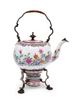 A CHINESE CANTON ENAMEL KETTLE, COVER AND STAND 18TH CENTURY