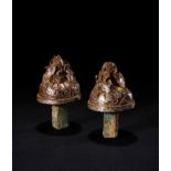 AN EXTREMELY RARE PAIR OF SILVER & GOLD INLAID BRONZE ZITHER STRING HOLDERS, HAN DYNASTY (206 BC-AD