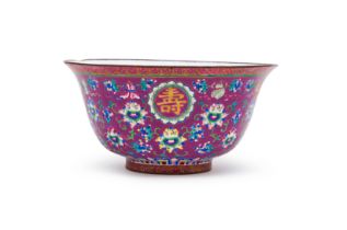 A CHINESE PURPLE GROUND INSCRIBED CANTON ENAMEL BOWL, QIANLONG PERIOD (1736-1795)