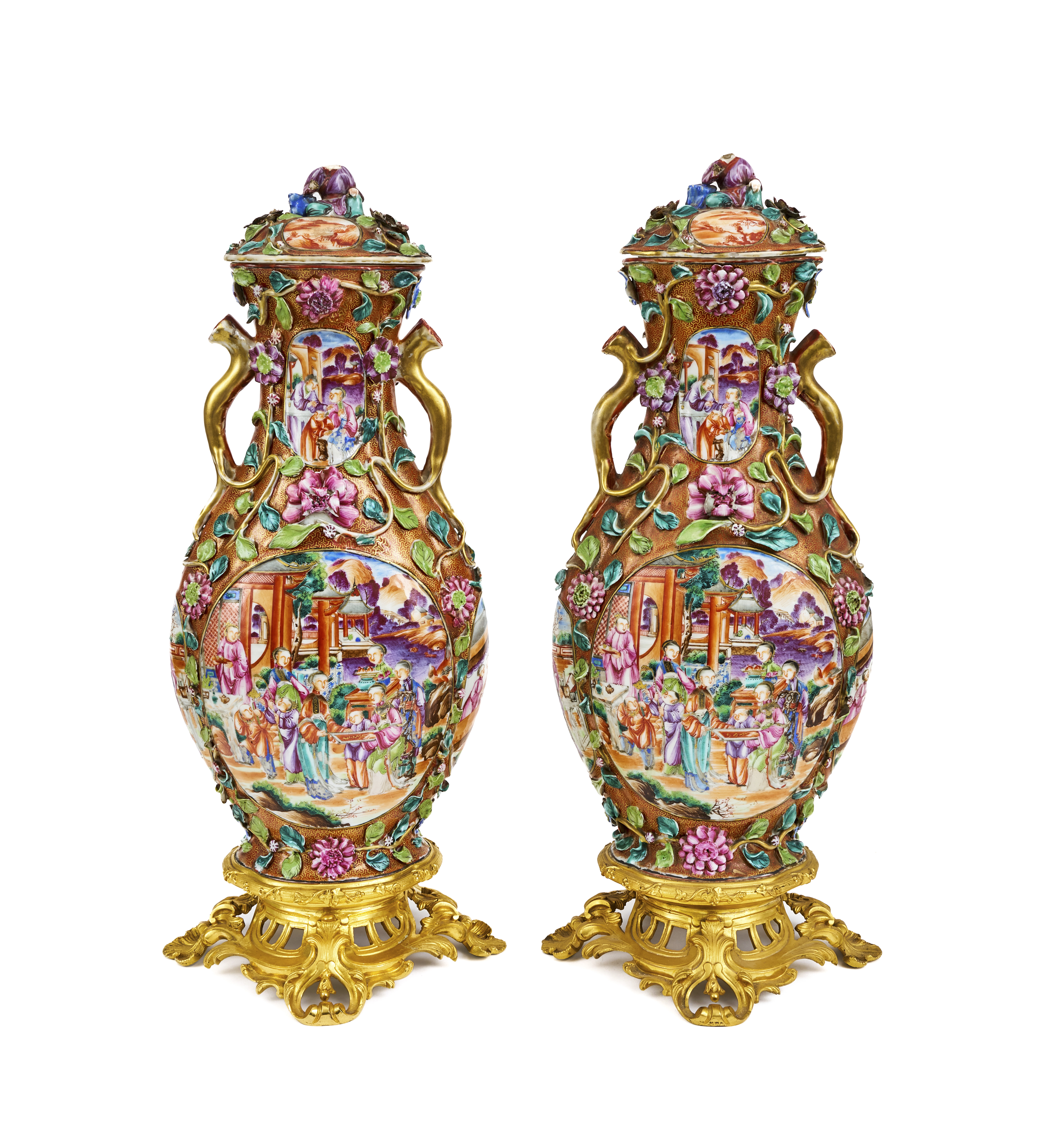 A PAIR OF CHINESE FAMILLE ROSE VASES WITH FRENCH MOUNTS, QIANLONG PERIOD (1736-1795)