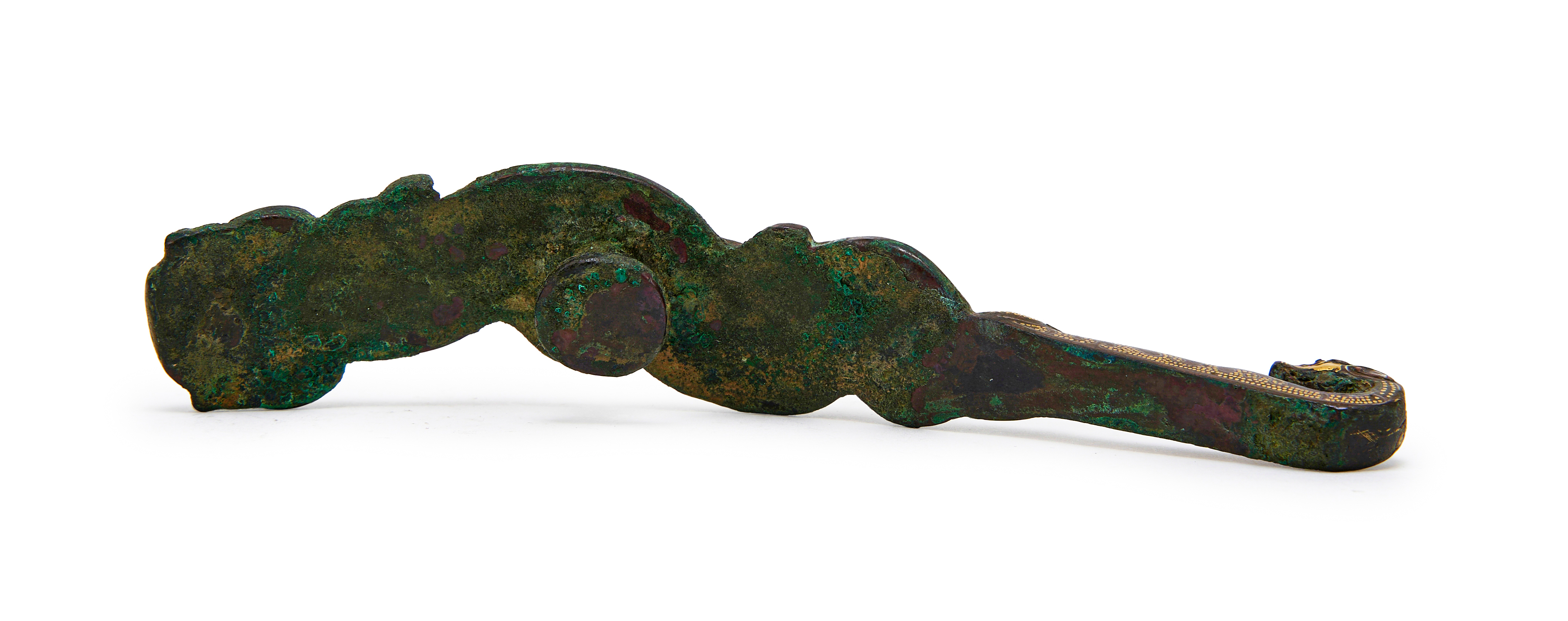 A TURQUOISE AND GOLD-INLAID BRONZE BELT HOOK WARRING STATES PERIOD, 4TH-3RD CENTURY BC - Image 7 of 9