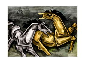MAQBOOL FIDA HUSAIN (1915-2011) "HORSES" SIGNED TOP LEFT WATERCOLOUR ON SHEET