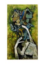 MAQBOOL FIDA HUSAIN (1915-2011) "CUBISM LADIES" SIGNED BOTTOM LEFT IN HINDI, DATED 63 OIL ON CANVAS