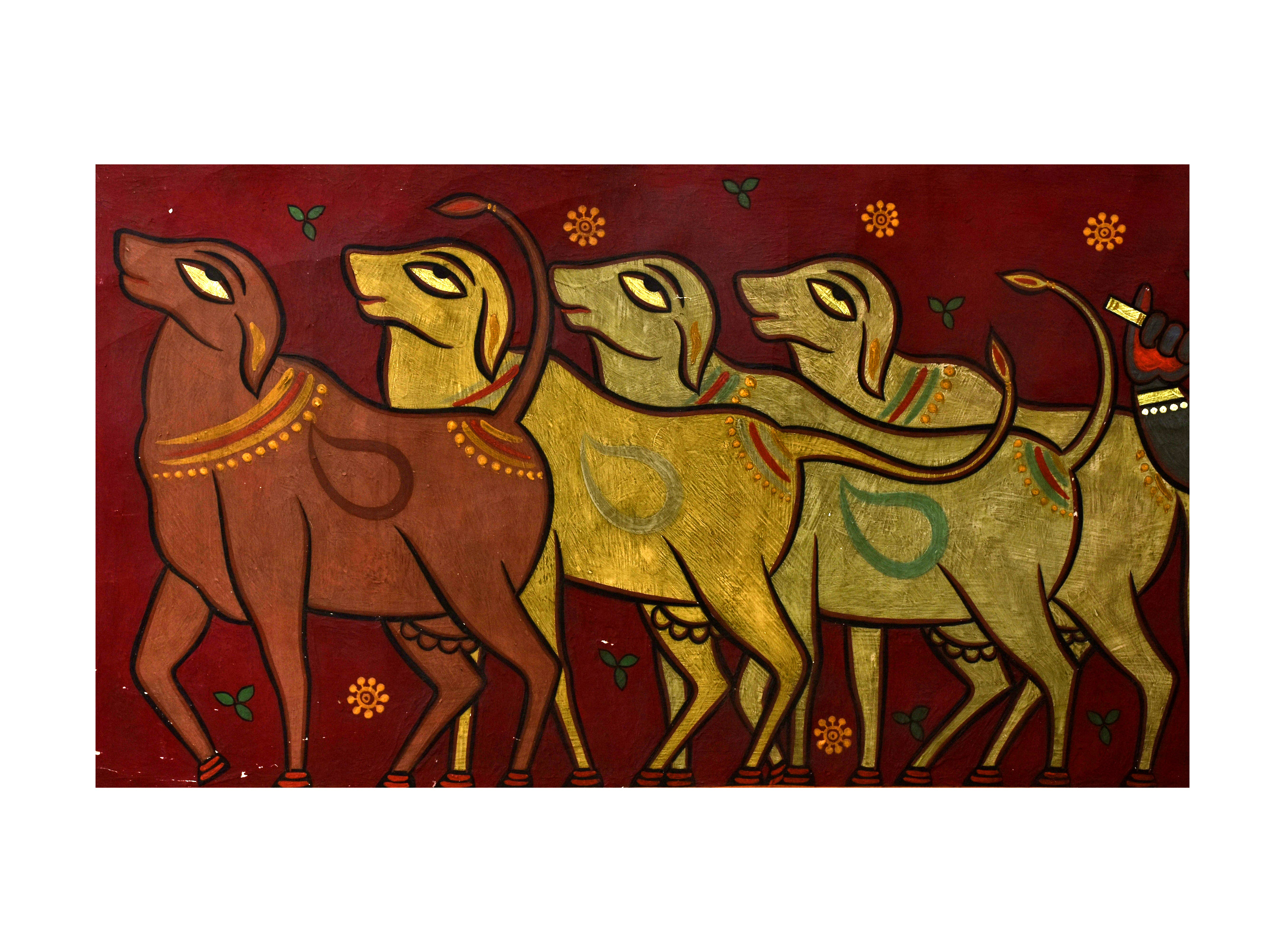 JAMINI ROY (1887-1972) KRISHNA BALRAM & COWS, SIGNED BOTTOM RIGHT, OIL ON CANVAS - Image 2 of 5