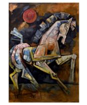 MAQBOOL FIDA HUSAIN (1915-2011) "HORSES" SIGNED & DATED BOTTOM LEFT 91