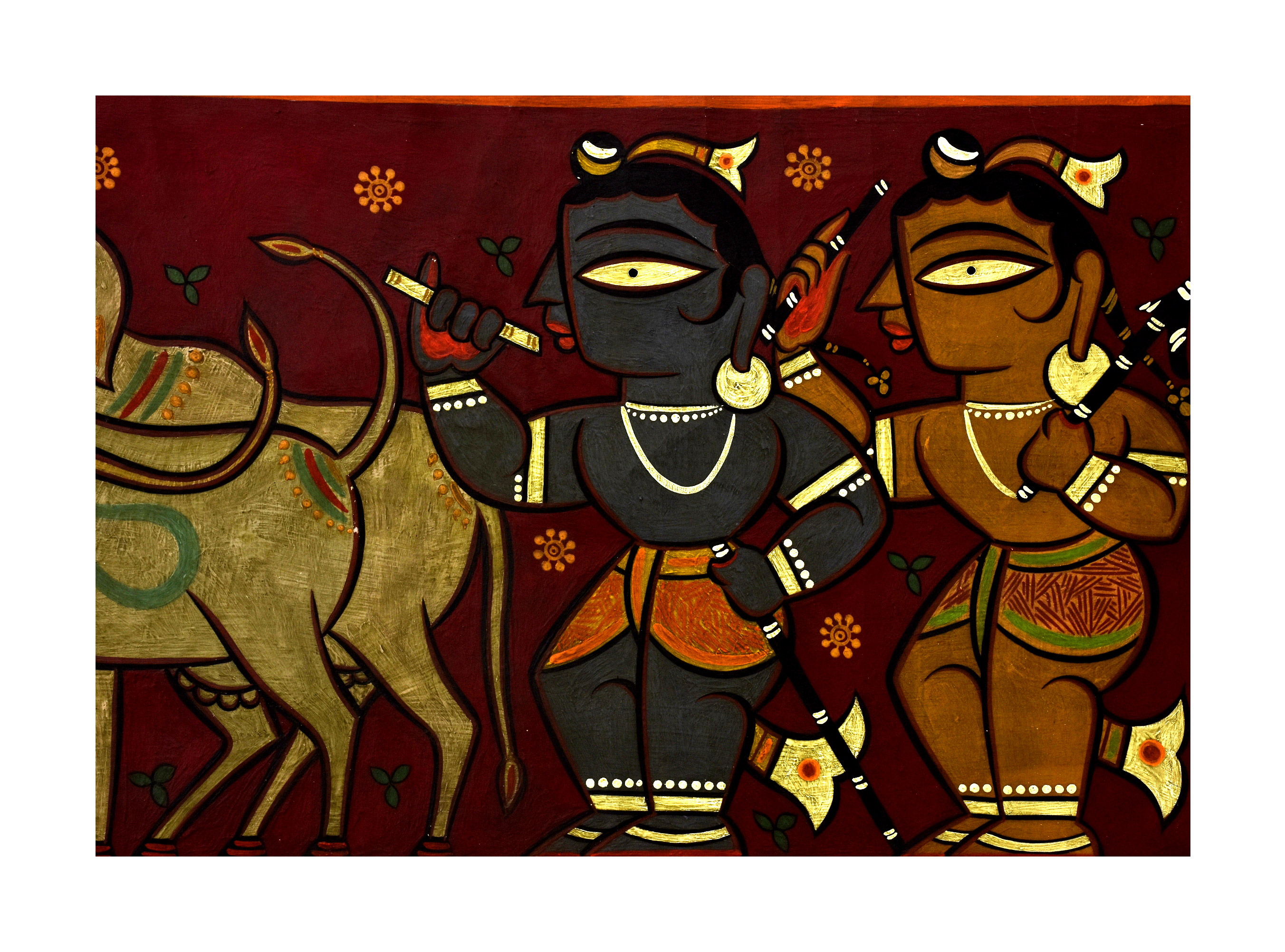 JAMINI ROY (1887-1972) KRISHNA BALRAM & COWS, SIGNED BOTTOM RIGHT, OIL ON CANVAS - Image 3 of 5