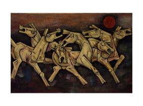 MAQBOOL FIDA HUSAIN (1915-2011) "SEVEN HORSES OF SUN" SIGNED BOTTOM LEFT, OIL ON CANVAS
