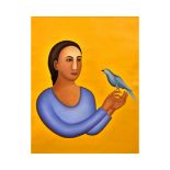 MANJIT BAWA (1941-2008) LADY AND BIRD, OIL ON CANVAS, SIGNED ON REVERSE, OIL ON CANVAS