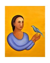 MANJIT BAWA (1941-2008) LADY AND BIRD, OIL ON CANVAS, SIGNED ON REVERSE, OIL ON CANVAS