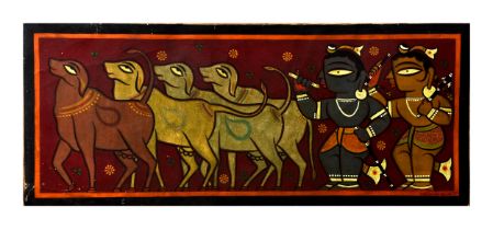 JAMINI ROY (1887-1972) KRISHNA BALRAM & COWS, SIGNED BOTTOM RIGHT, OIL ON CANVAS