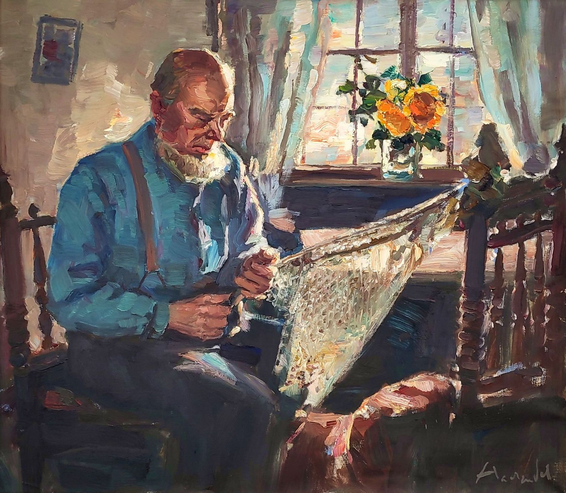 Haerendel, Harry (1896 Hamburg – 1991 Hamburg) "Interieur mit Fischer"