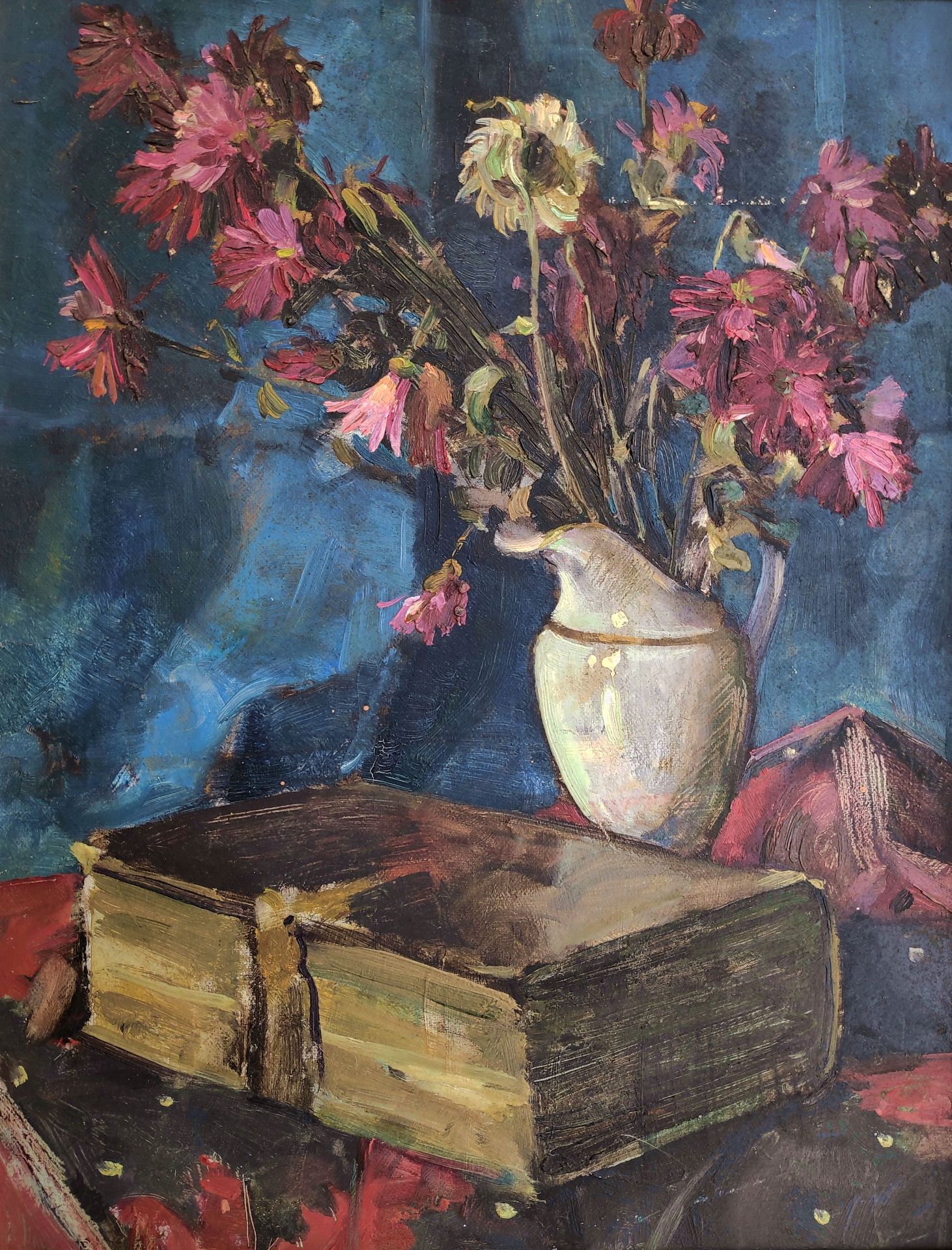 Kliefert, Erich (1893 Berlin – 1994 Stralsund) „Stillleben mit Buch und Herbstblumen im Krug“