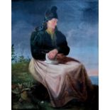Unleserlich signiert „Sitzende Frau in friesischer Tracht“