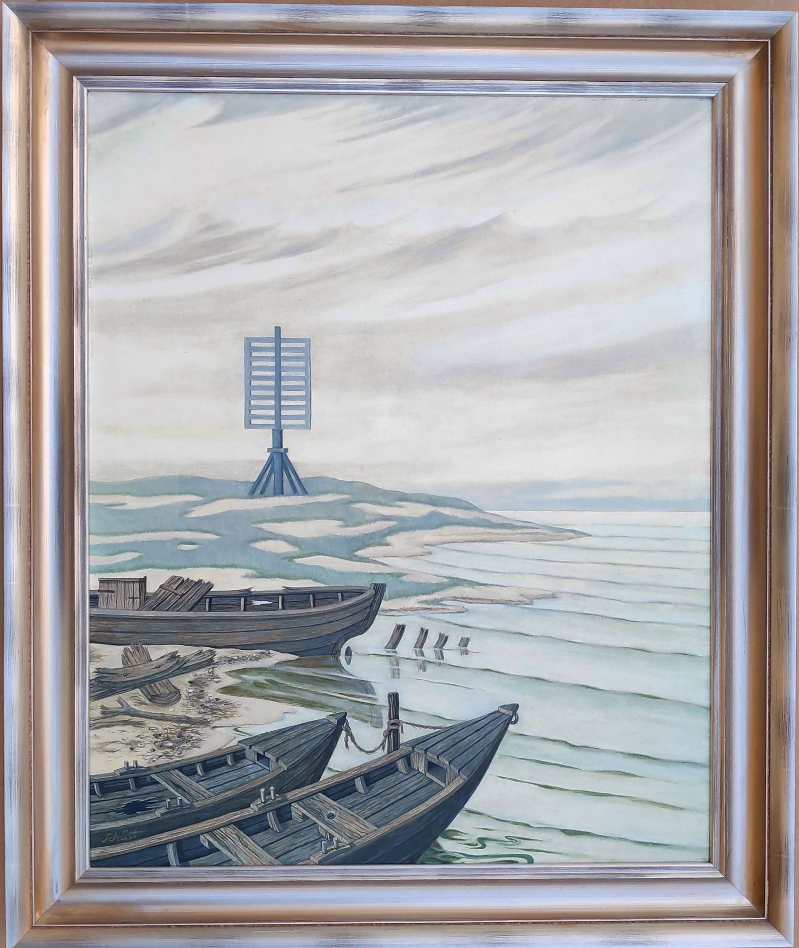 Schütt, Franz-Theodor (1908 Berlin - 1990 Wiesbaden) „Boote und Bake bei Kamminke - Stettiner Haff“ - Bild 2 aus 3