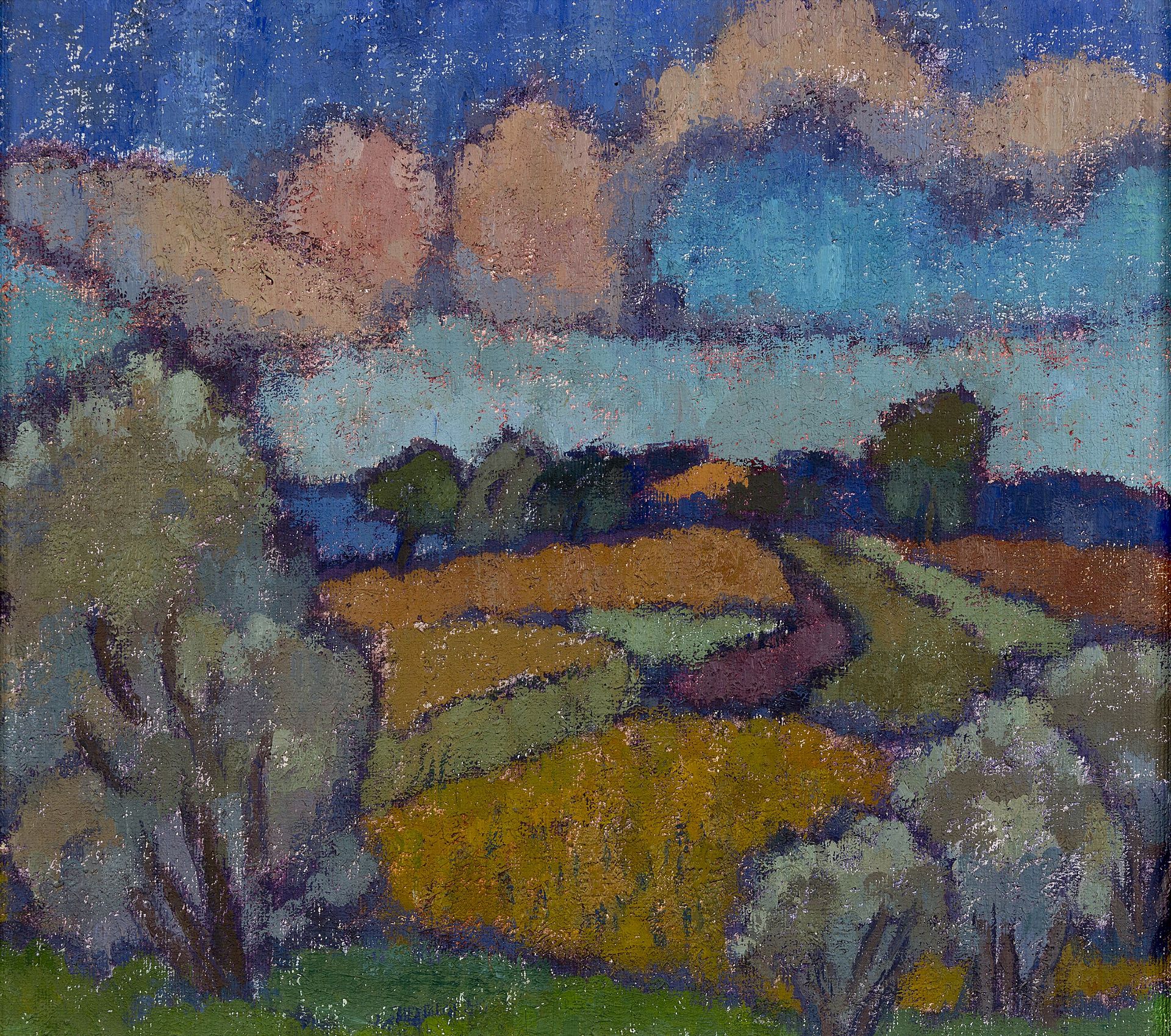 Schacht, Karen (1900 Niederlößnitz – 1988 Kassel) „Achterwasserlandschaft bei Ückeritz mit Wolken, F