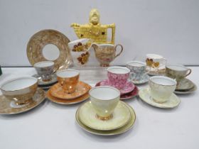 Vintage Lingard yellow Humpty Dumpty teapot and a selection of lustre cups and saucers etc.