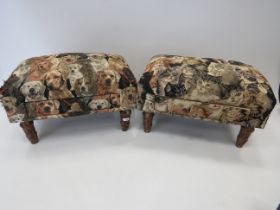 Two needlepoint upholstered footstools, each with handy drawer. One in puppy design, one with kitten