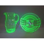 Large art deco uranium glass bowl and jug. Jug 22.5 cm tall, bowl 25cm diameter and 12cm deep.