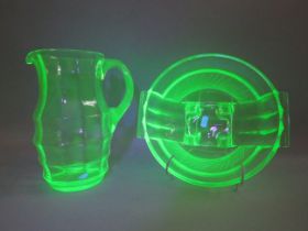 Large art deco uranium glass bowl and jug. Jug 22.5 cm tall, bowl 25cm diameter and 12cm deep.