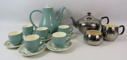 Art Myott Mandaly coffee set and a Royal Winton teapot, sugar bowl and jug in a hammered silver