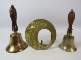 Brass art Nouveau style picture frame and two brass hand bells.