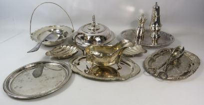 Various silver plated items including a lidded tureen, trays, gravy boat etc.